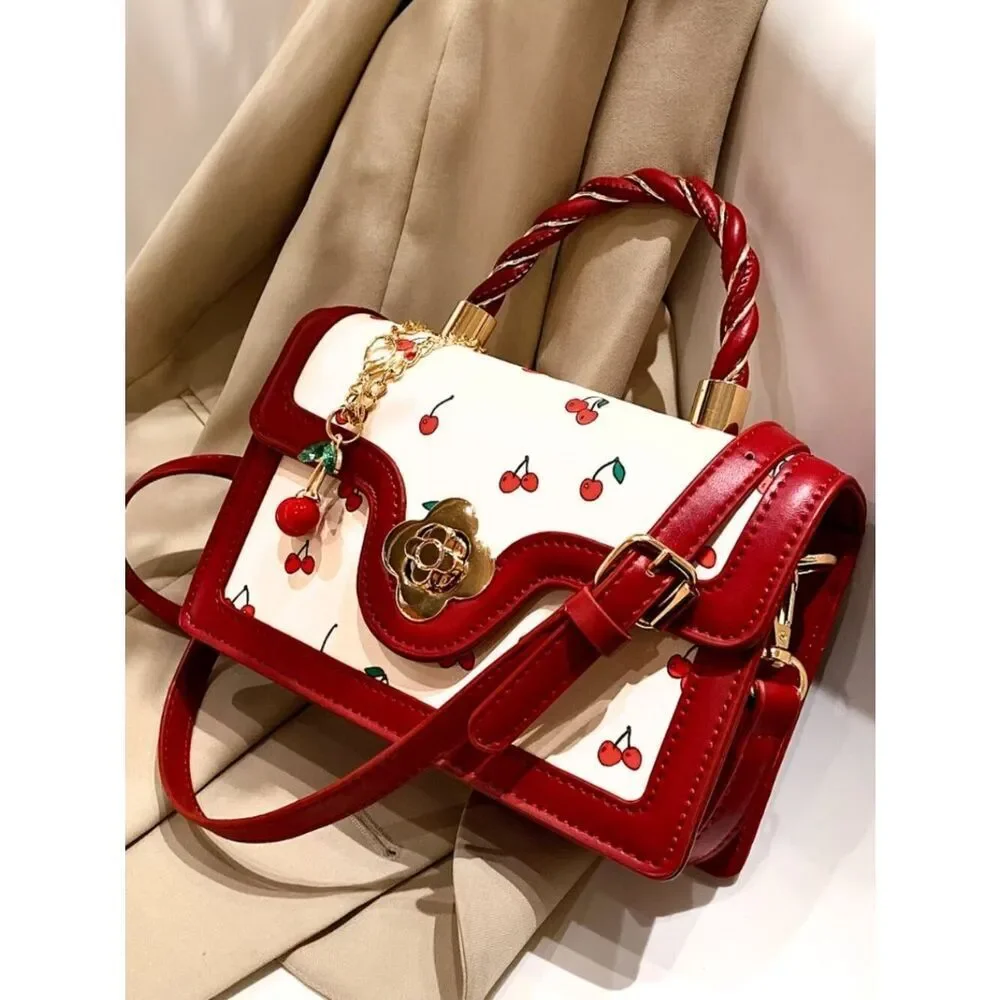 Cute NWT Cherry Print Coquette Kawaii Red Flap Square Top Handle Crossbody Bag
